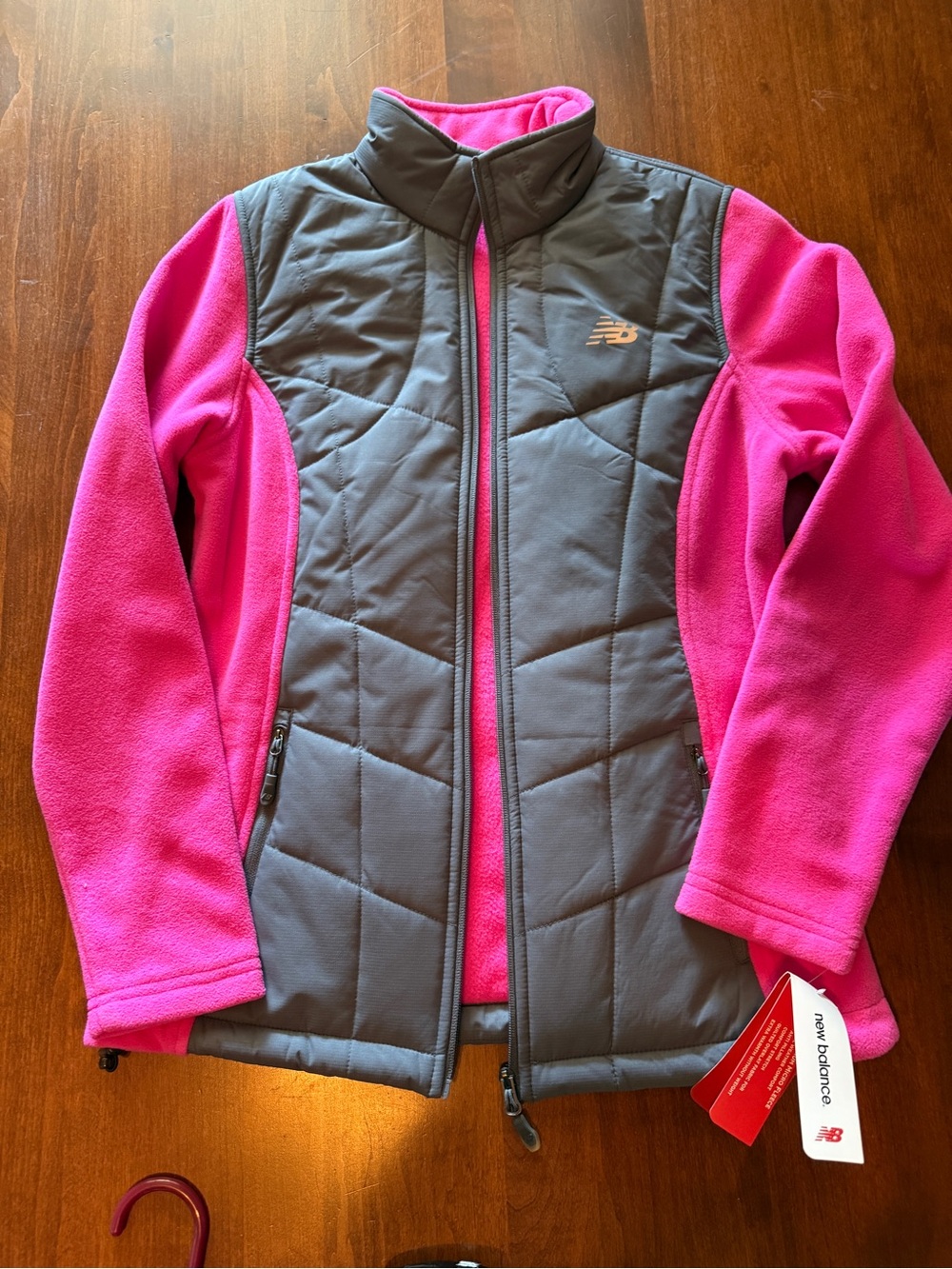 New Balance Gray Quilted Front Pink Fleece Girls' Jacket